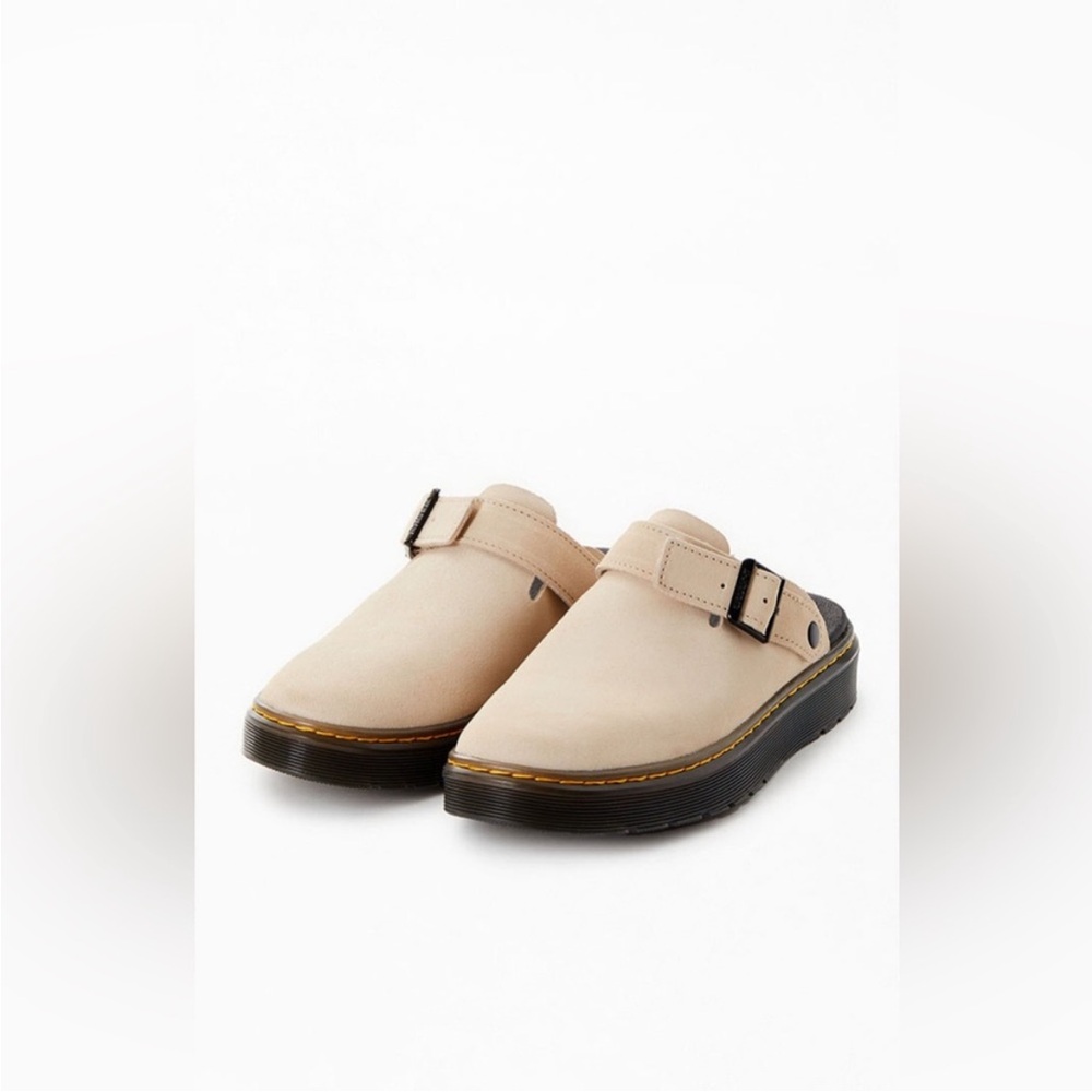 Dr. Martens Women’s Cream Colored Carlson Suede Mules with Buckle. Size 6.